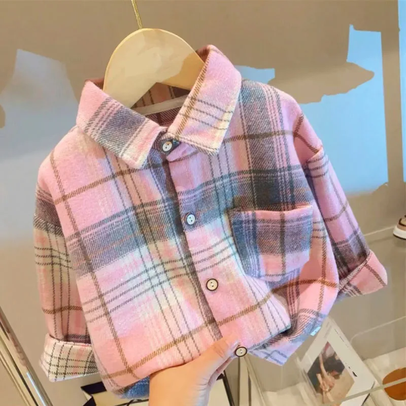 Spring Autumn Warm Coat Shirt for Boys and Girls 1-9 Year Old Classic Striped Plaid Top Thickened Korean Fashion Children\'s Wear