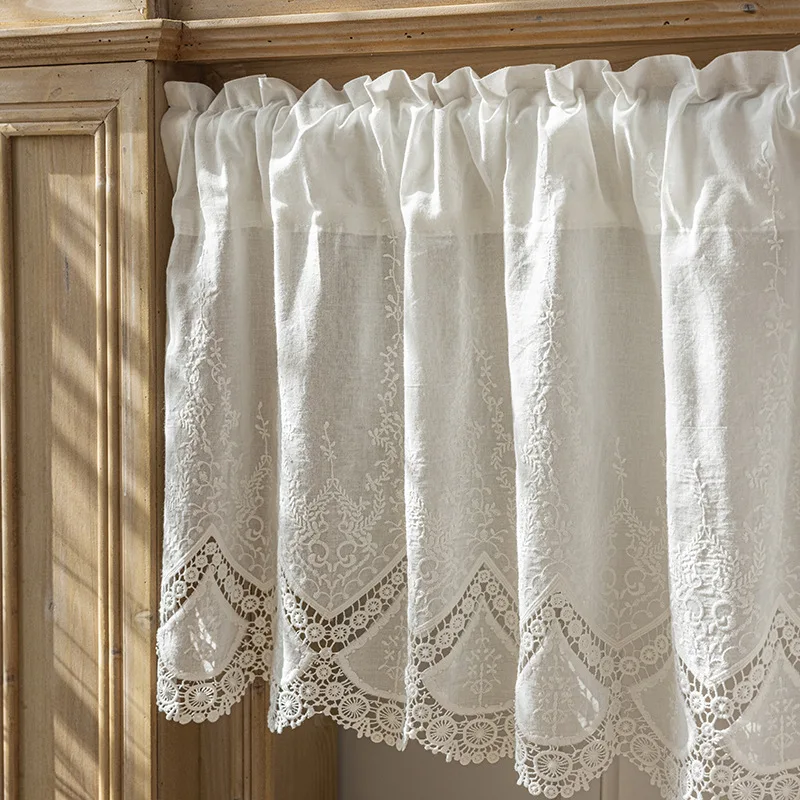 100% Cotton White Lace Flowers Short Curtains for The Window Decor, Sheer Half Curtains for Kitchen Bookshelf Dust Curtain