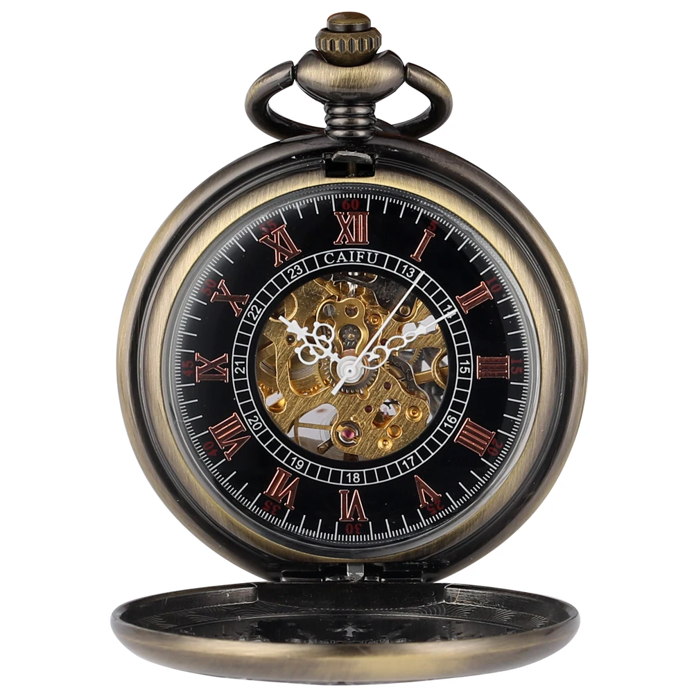 الرجعية البرونزية الأسماك الجوف الميكانيكية اليد لف ساعة جيب الأرقام الرومانية الهاتفي Steampunk خمر قلادة ساعة هدية الرجال