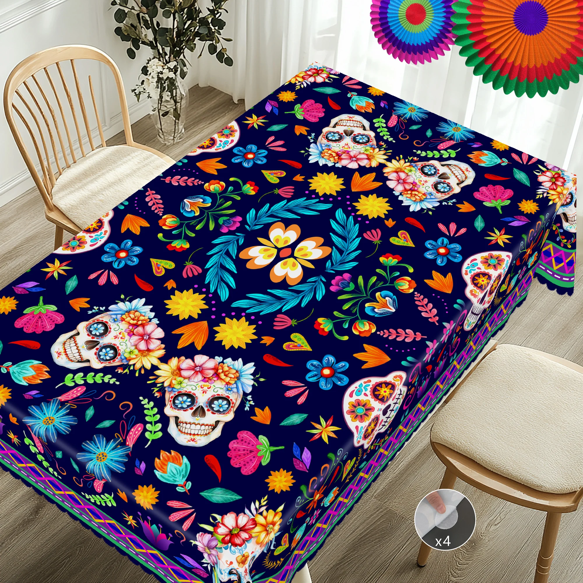 1 Piece of Mexican Day of the Dead, Five-Section Carnival Celebration Printed Tablecloth, Colorful Skull, Mexican Flower Pattern Decoration, Suitable for Mexican Carnival Holiday Party Decoration, Kitchen Accessories, Restaurant Terrace, Indoor and Outdoor Tablecloth, Perfect Gifts for Friends, Various Sizes Available