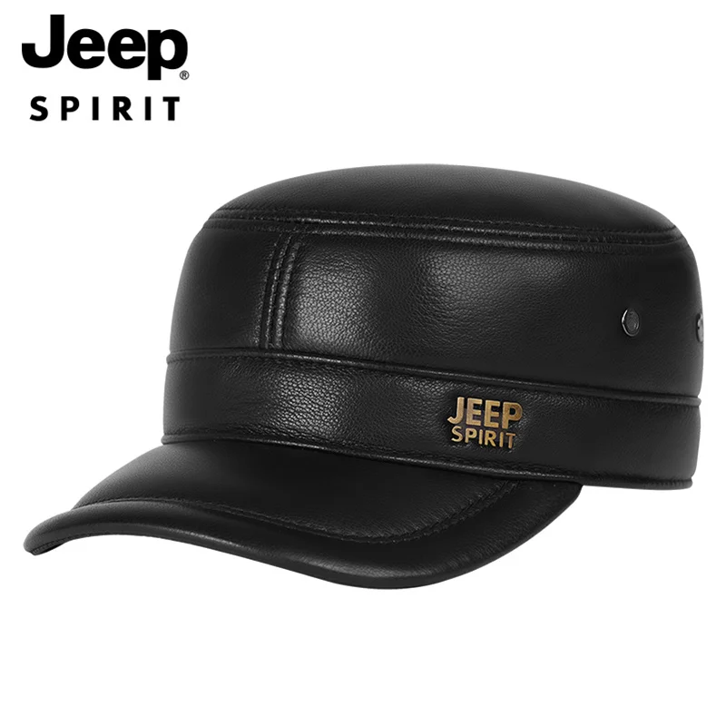 

Jeep Men's Genuine Sheepskin Cap with Ear Flaps Flat Top Leather Cap Golf Cap Baseball Cap Trucker Hat, Best Gift for Men