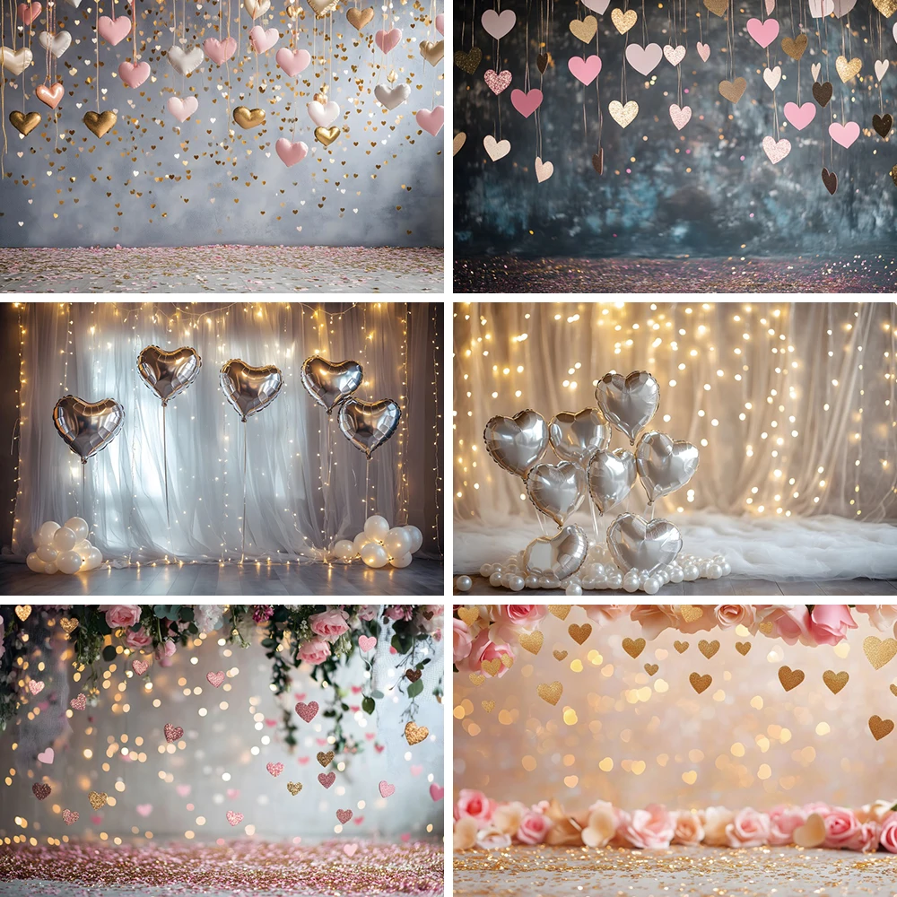 

February 14 Valentine's Day Photography Background Glitter Heart Balloon Floral Romantic Scene Wedding Bridal Portrait Backdrop