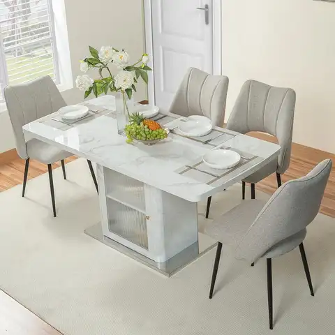 Mesa de comedor cuadrada extensible moderna con tapa de mármol blanco impreso y gabinete de almacenamiento, base de metal, ajustable 47,24"-63