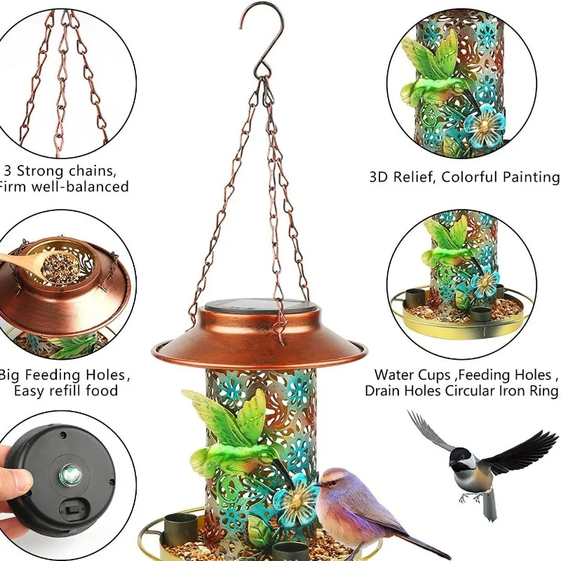 جديد في الهواء الطلق حديقة شجرة معلقة ضوء الحديد شنقا الديكور تغذية جهاز تغذية الطيور الشمسية الخفيفة #3