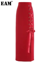 [EAM] High Waist Red Badnage Hollow Out Slit Elegant Long Half-body Skirt Women Fashion Tide New Spring Autumn 2024 1DH5225