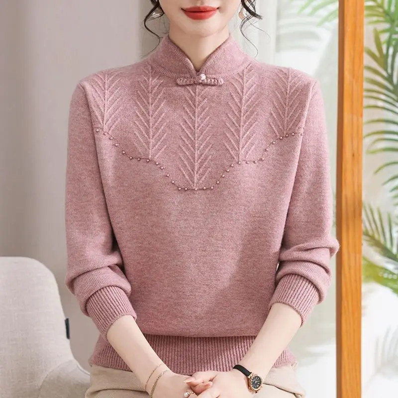 Women Mom Style Qipao Collar Knit Sweater Embossed Jacquard Rhinestone Decor Warm Thick Thermal Pullover Top