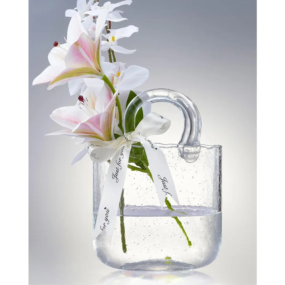 Purse vase with Fish Bowl, Handbag Shape Flower vase - for Home Décor, enterpiece, Events, Office, Garden Wedding (Transparent)