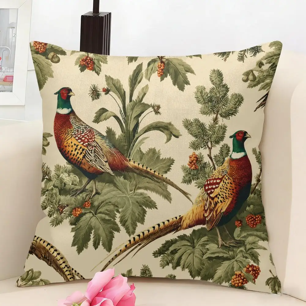 Vintage Pheasant & Foliage Cushion Cover Linen Pillow Cover 40x40cm Decorative Cushion Case Boho Home Sofa Decor Gift
