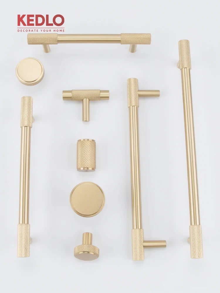 KEDLO Moderner, schlichter, massiver Messinggriff mit Rändelung in Gold, schwarzer T-Griff für Küchenschrank und Schublade – Detail 7