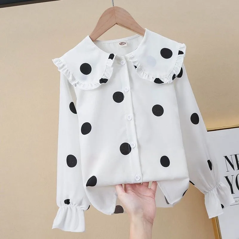 

Girl's 2026 New Polka Dot Long Sleeve Shirt with Doll Collar Autumn Winter Toddler Top