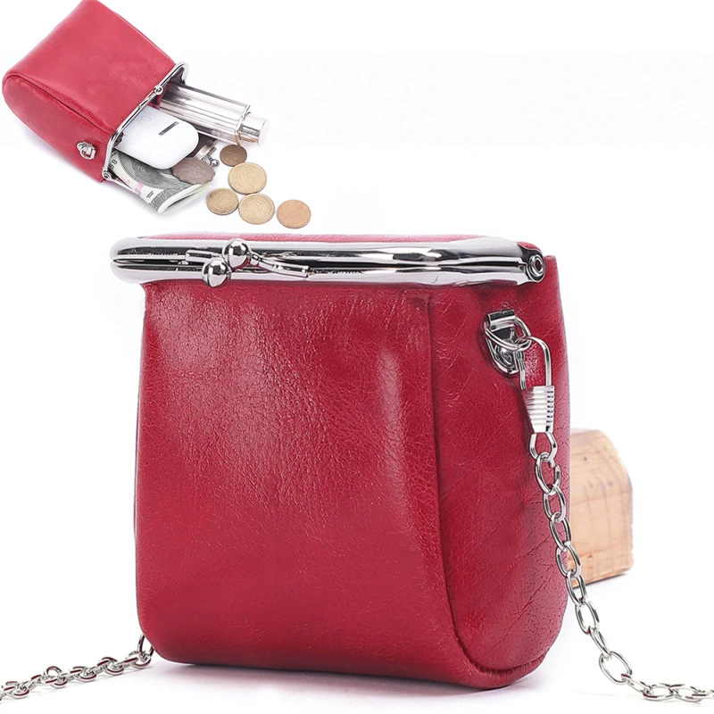 

New Women's Genuine Leather Coin Wallets Female Lipstick Key Storage Shoulder Bag with Chain Retro Small Hasp Purse Card Holders