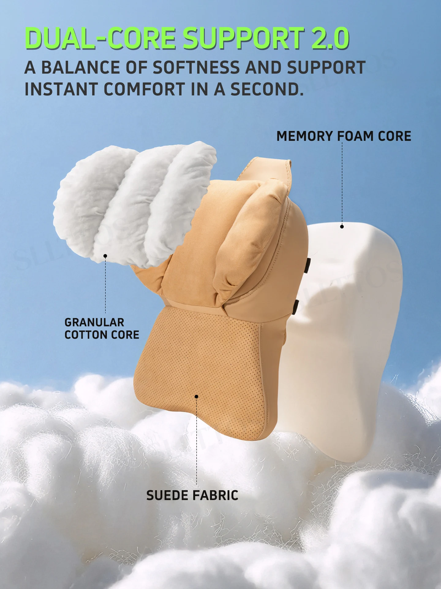Suede Car Head Pillow Dual Core Support, Fill Neck Gap, Comfortable Long Distance Travel Cushion