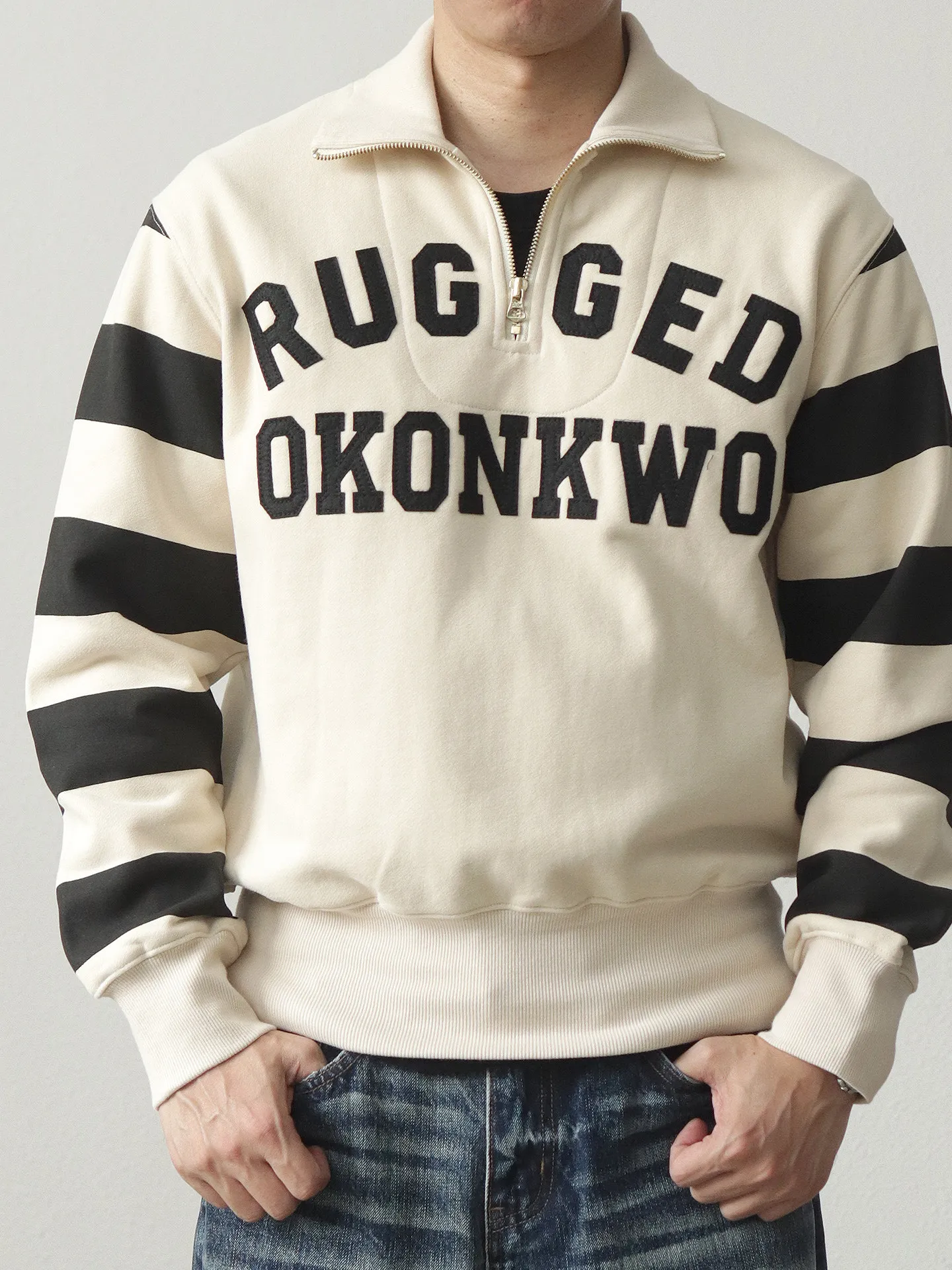 Autumn American Retro Heavyweight Half Open Collar Letter Printed Sweatshirts Men's Simple 100% Cotton Washed Loose Casual Coat