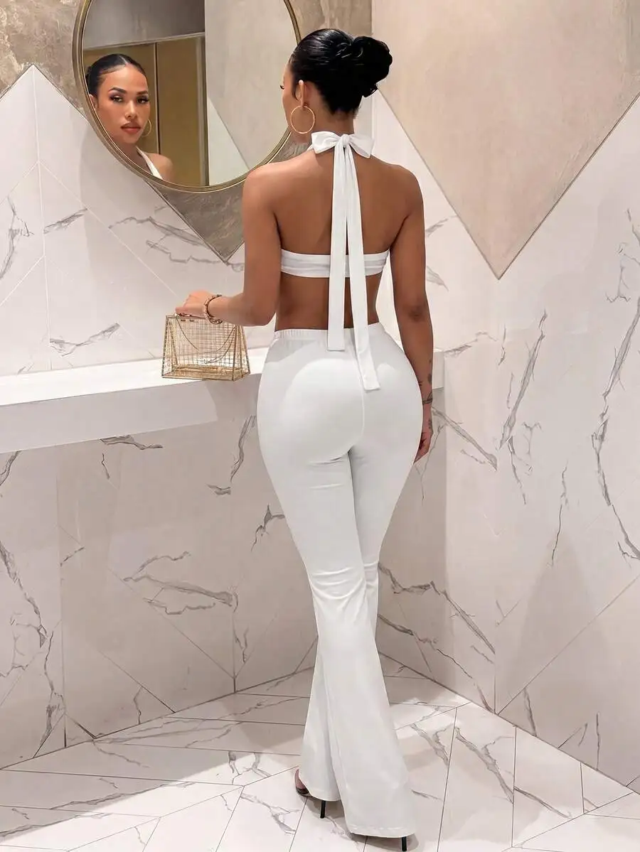 

Women White Halter Neck Two Piece Set Flared Trousers 70s Style Summer Club Party Outfit