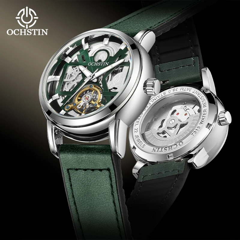 

OCHSTIN мужские механические часы со скелетом, мужские часы с кожаным резиновым ремешком, популярные роскошные водонепроницаемые часы с магнитной пряжкой