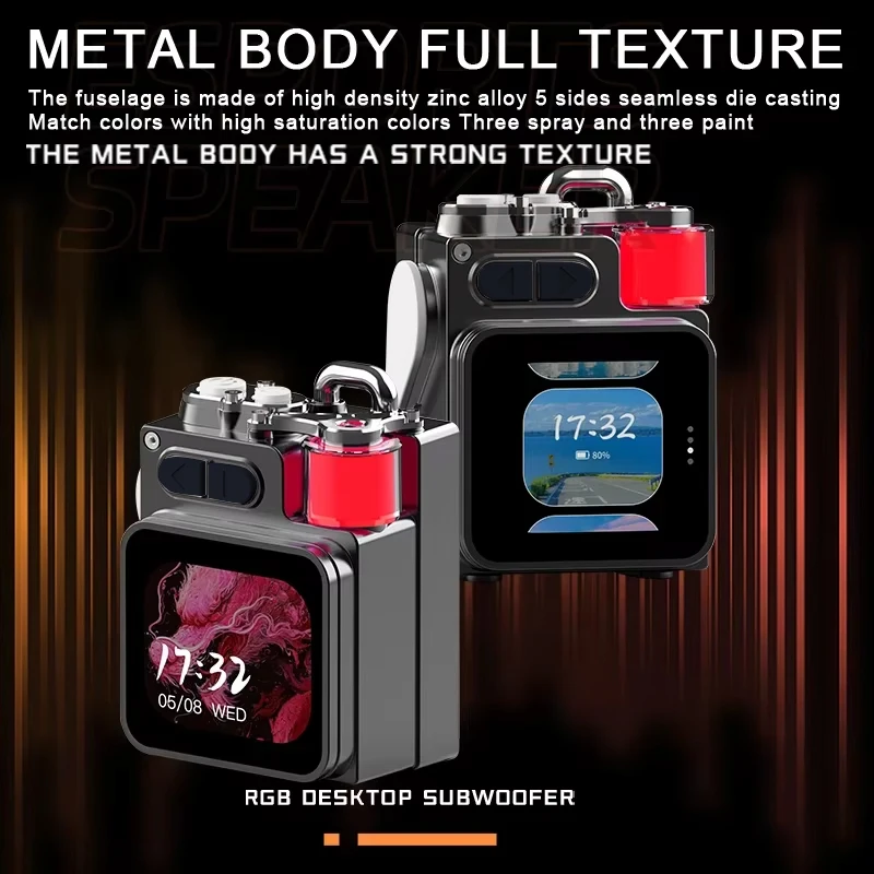 VIKEFON سماعة لاسلكية تعمل بالبلوتوث مكبر صوت ميكانيكي معدني مع شاشة عرض LED RGB سطح المكتب مضخم صوت يدعم ساعة منبه التقويم