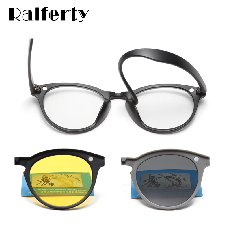 Ralferty 5 In 1 Magnet Sunglasses Women Polarized Clip On Glasses Men Round Prescription Optic Frames Yellow gunes gozlugu A2205