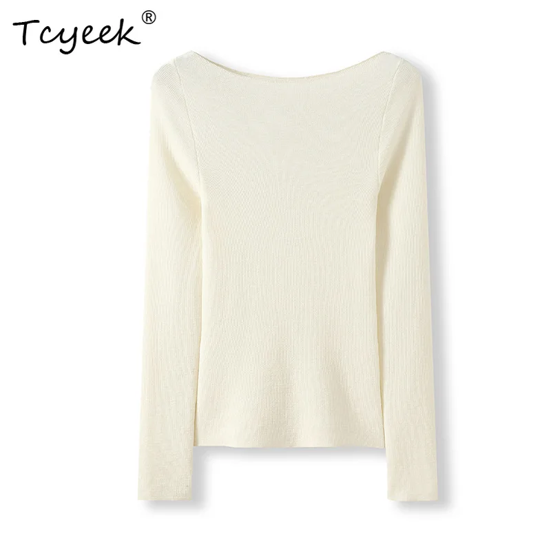 

Tcyeek, 16G 100%Pure Wool Elegant Sweater, Women Slash Neck Long Sleeve, Solid Casual Knit Sweater, 2024 Fall Winter T479119QM