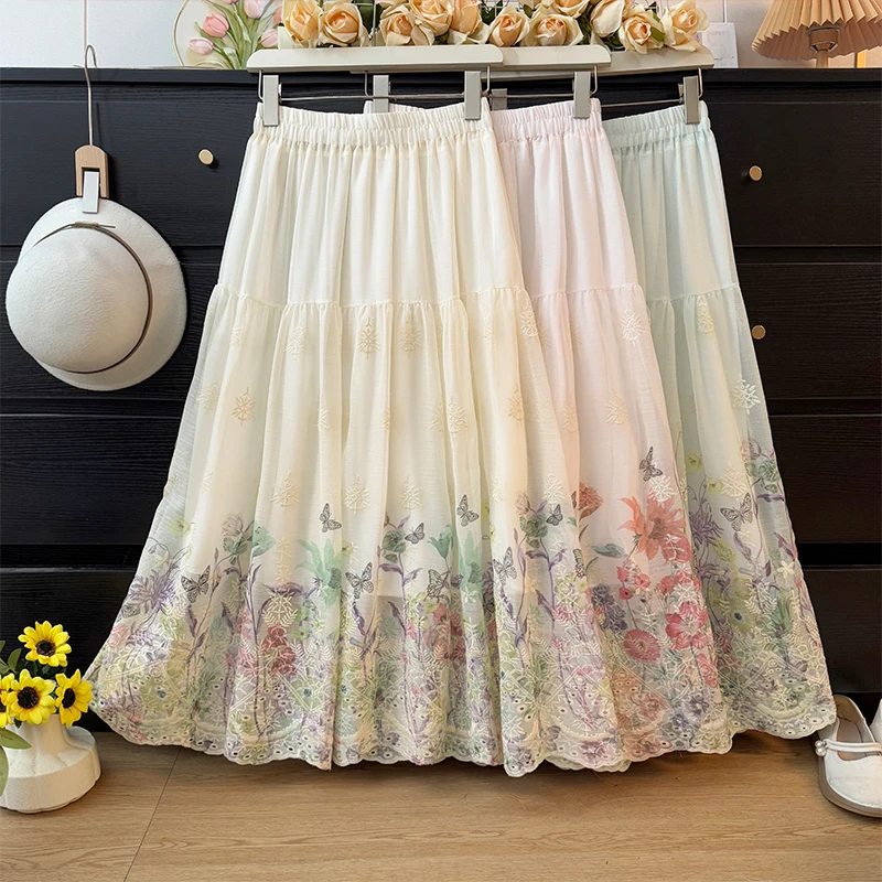

Embroidery Hollow Out Print Women' Skirt Spring Autumn New Fresh High Waist Slim-looking A-line Skirt Casual Loose Green Skirt