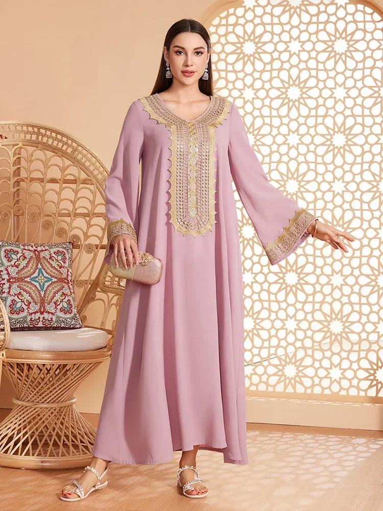 Galabiya-Robe Longue Brodée à Manches sulfet Col en V pour Femme, Vêtement Islamique, Éducatif, Élégant, Décontracté, Musulman, Marocain, à la Mode