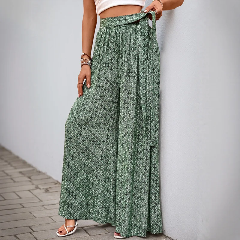 Summer Autumn 2025 Wide Leg Pants Loose Casual Vacation Beach Tie High Waist Long Trousers Comfortable Loose Printed Trousers