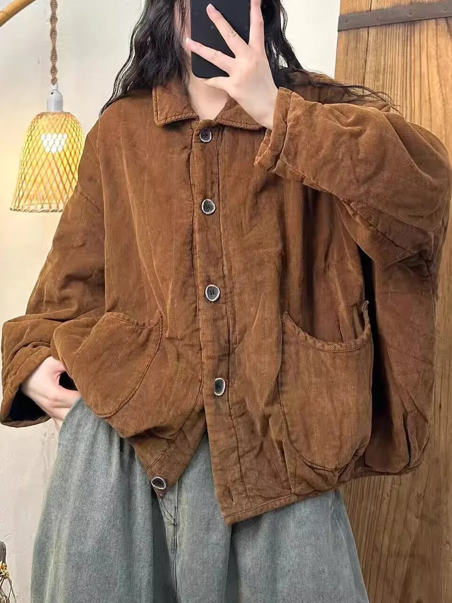 

Retro Sle Corduroy Cotton Jaet Large Size Women's Casual Outerwear with kets Batwing Sves Buttoned Collar Coat