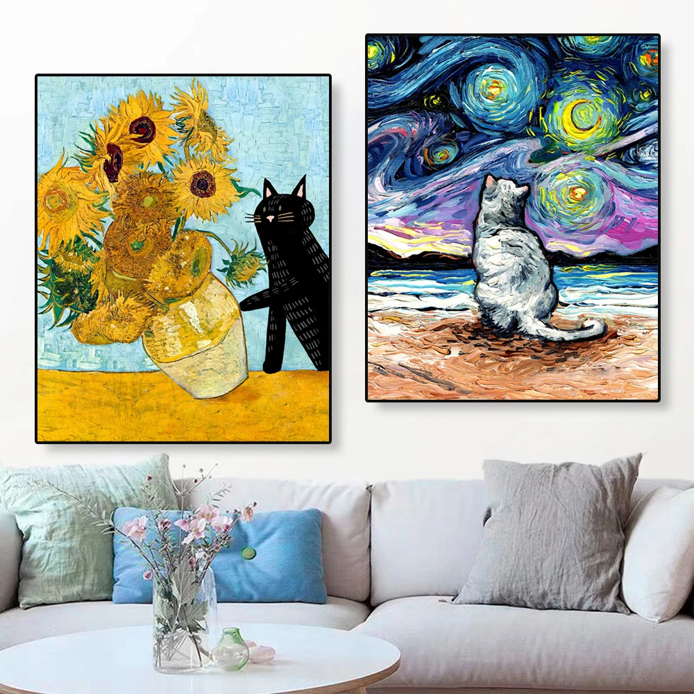 Black Cat Knocking Over Van Gogh’s Sunflowers Poster Print Modern Funny Cat Art Oil Painting Print Living Room Bedroom Decor