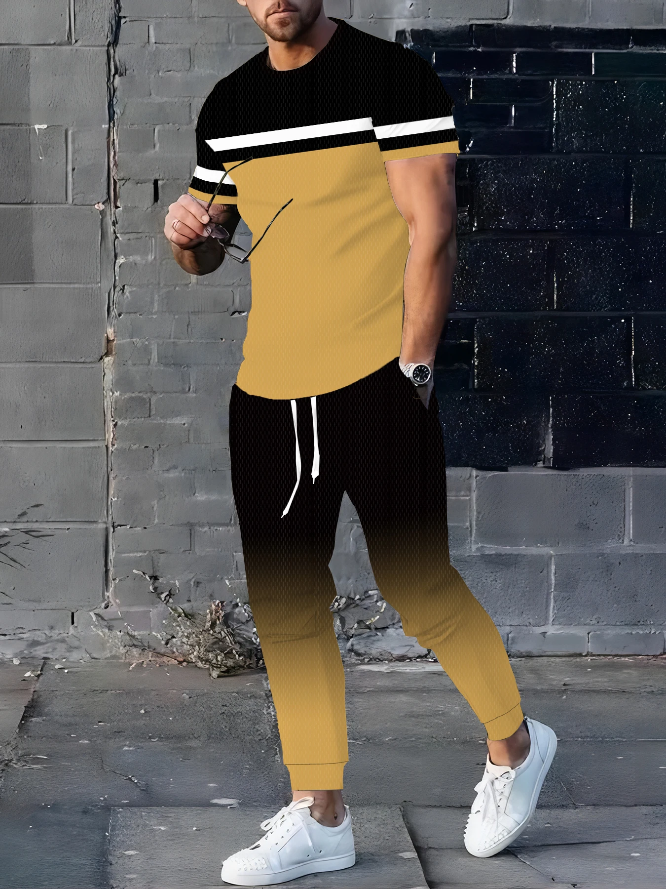 

Spring/Fall Men's Gradient Color Set Stylish Crew Neck Short Sleeve Top Outdoor Comfortable Casual Pants Two-Piece Set