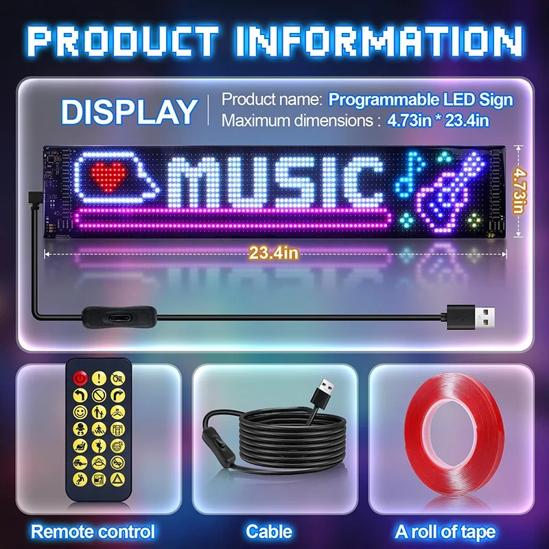 لوحة مصفوفة LED قابلة للبرمجة للإعلان والاستخدام بنفسك، لافتة LED للرسوم المتحركة 5 فولت لمتجر أعمال السيارات ومهرجان الحفلات والمنزل ديسمبر