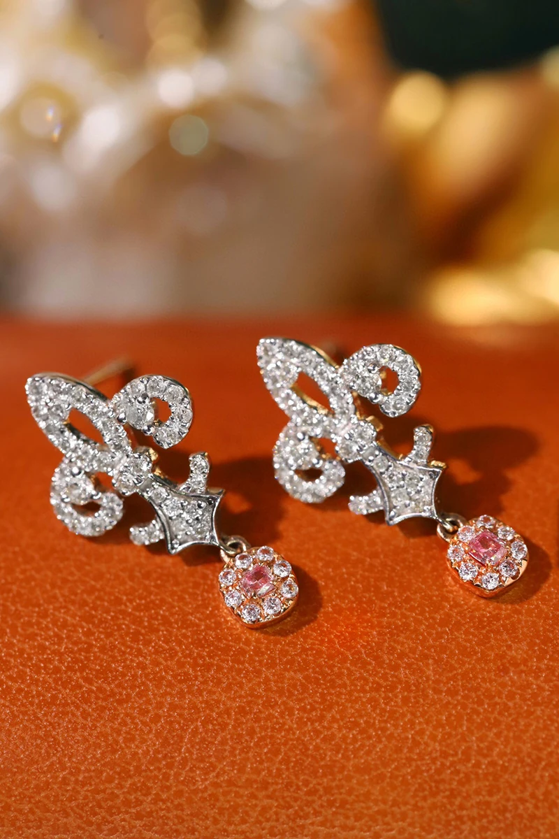 KUGG 100% 18K White Gold Earrings Vintage Palace Design Real Natural Pink Diamond Stud Earrings for Women High Party Jewelry