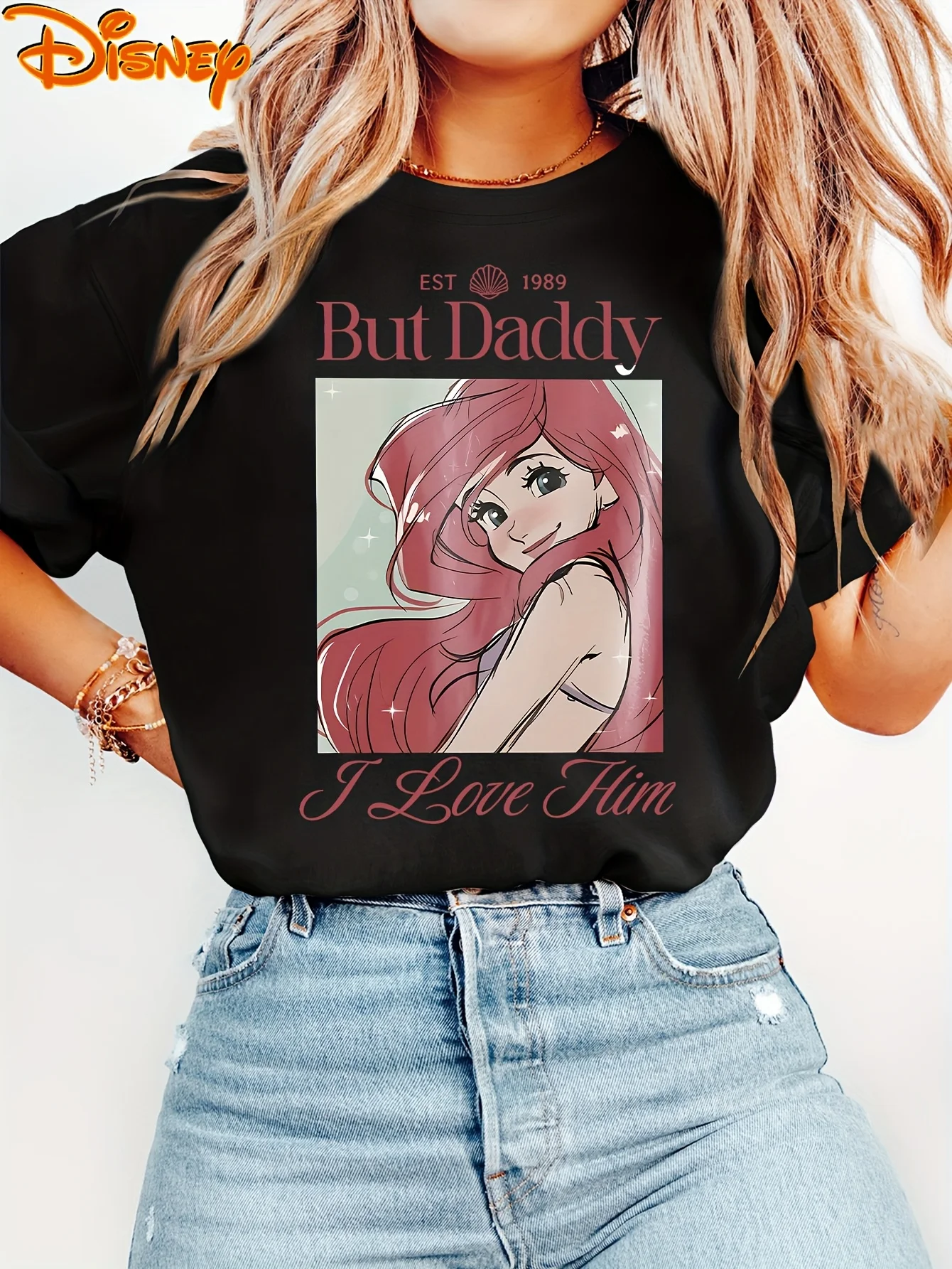 تي شيرت نسائي من Disney For Ariel Princess Little Mermaid But Daddy I Love Him برسومات كاجوال بأكمام قصيرة ورقبة دائرية ناعمة