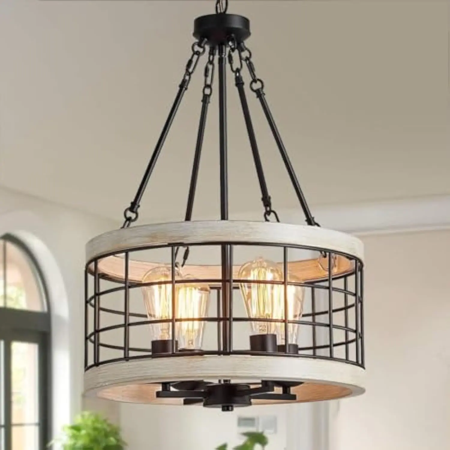 

Farmhouse Drum Chandelier,Rustic White Oak Wood Color&Black Metal Finish 4-Light Chandeliers for Dining Room Kitchen Entryway U