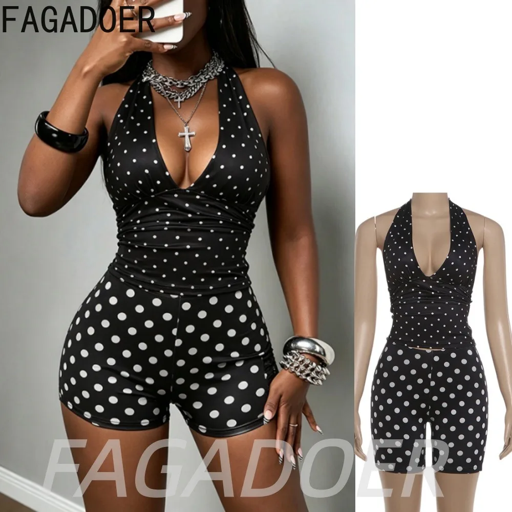 

FAGADOER Retro Black Polka Dot Shorts 2 Pcs Sets Sexy V Neck Bandage Halter Crop Top and Bodycon Shorts Suits Streetwear Outfits