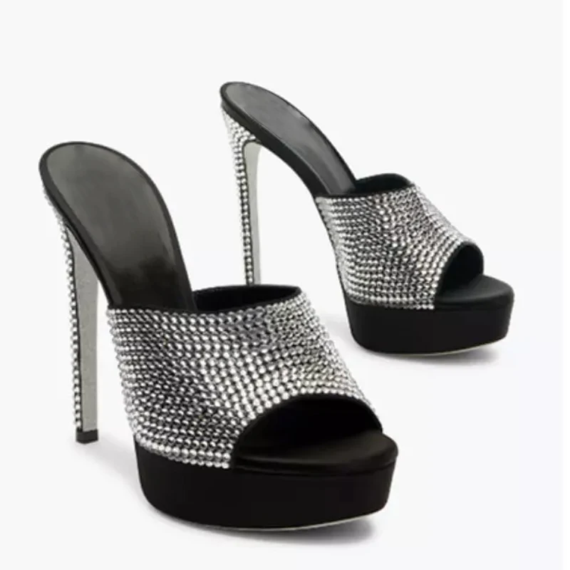 

Rhinestones Open Toe Platform Stiletto Slipers Woman Summer 2025 Black Diamond High Heel Sandals Mules Shoes Fashion