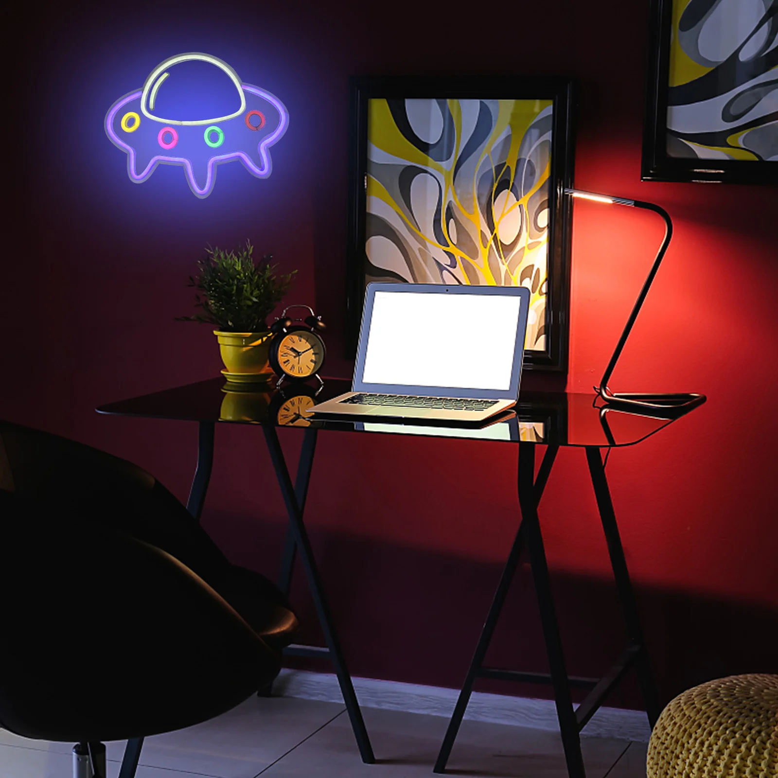 شكل سفينة الفضاء الإبداعية LED النيون تسجيل USB بالطاقة ليلة مصباح الزخرفية ضوء النيون داخلي LED ضوء المصباح حلية #6