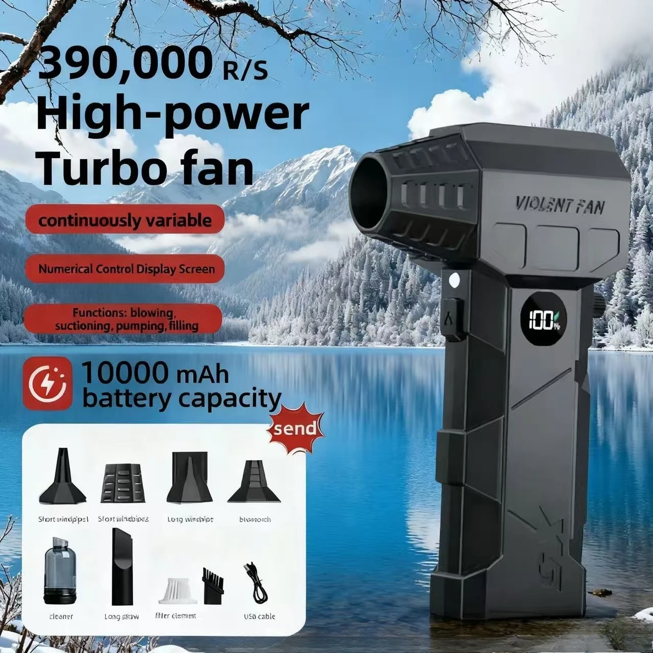 منفاخ هواء كهربائي 390000 دورة في الدقيقة، منفاخ نفاث توربو عالي السرعة، محرك بدون فرشاة مع شاشة LED، غبار قوي قابل لإعادة الشحن عبر USB #1