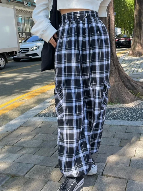 

Женские повседневные брюки с большими кетами в клетку с эластичной резинкой на талии, прямые брюки, универсальные длинные брюки свободного покроя с завязками