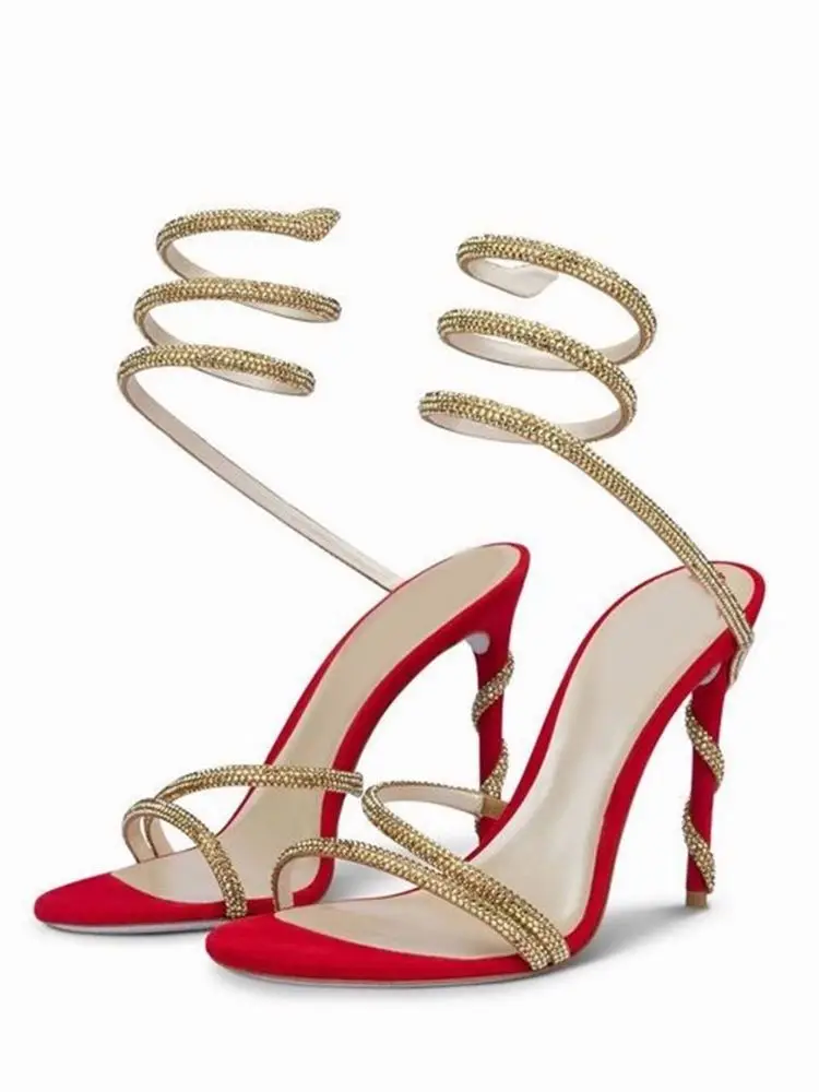 Red Enlace Crystal Sandals Strappy Suede Snake Twine Round Toe Stiletto High Heel Fashion Women Summer Shoes Hot Sale