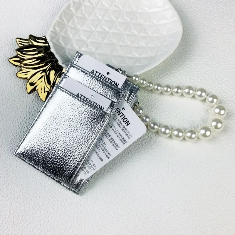 Pu Leather Multi-card Slot Card Holder Wallet with Beads ID Bag New Fashion Simple Champagne Silver Women Ultra-thin Coin Purse