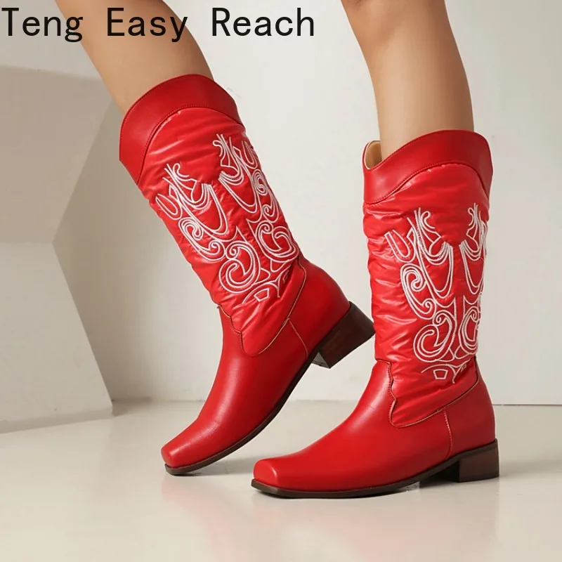 

Ladies' Embroidered Thick Soled Boots for Autumn and Winter 2026, Western Mid Length Fashionable Boots, One Foot Fit Size 34-46