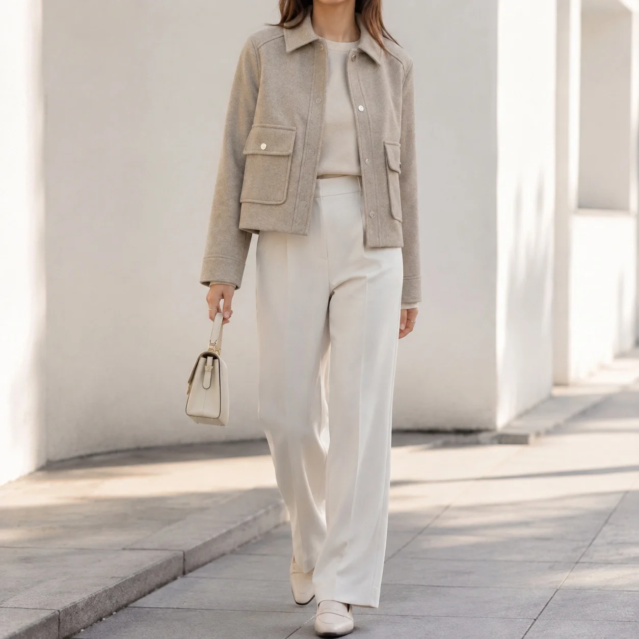 No Pattern Pocket Coat Cropped Elegant Commute with Composite Construction Single Breasted Multi Button Round Neck Women Jacket