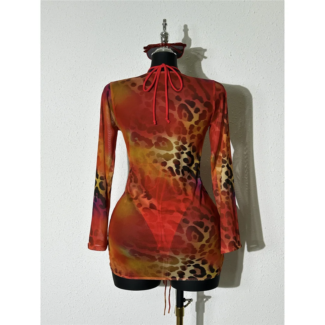 Leopard-Bikini mit langen Ärmeln, Damen-Badeanzug, dreiteiliges Bikini-Set, Damen-Badebekleidung, Badeanzug, Schwimmbekleidung V7608 – Detail 4