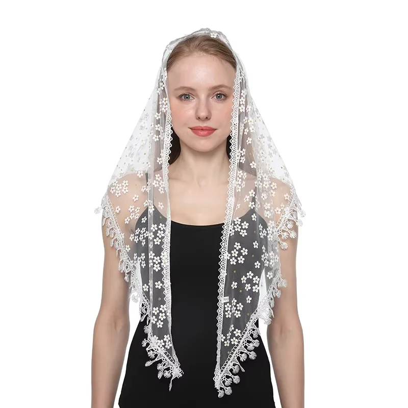 Embroidered Scarf for Church Shawl with Spanish Fringes Christian Veil Spanish Mantilla Lace Shawl Floral Women Handkerchief