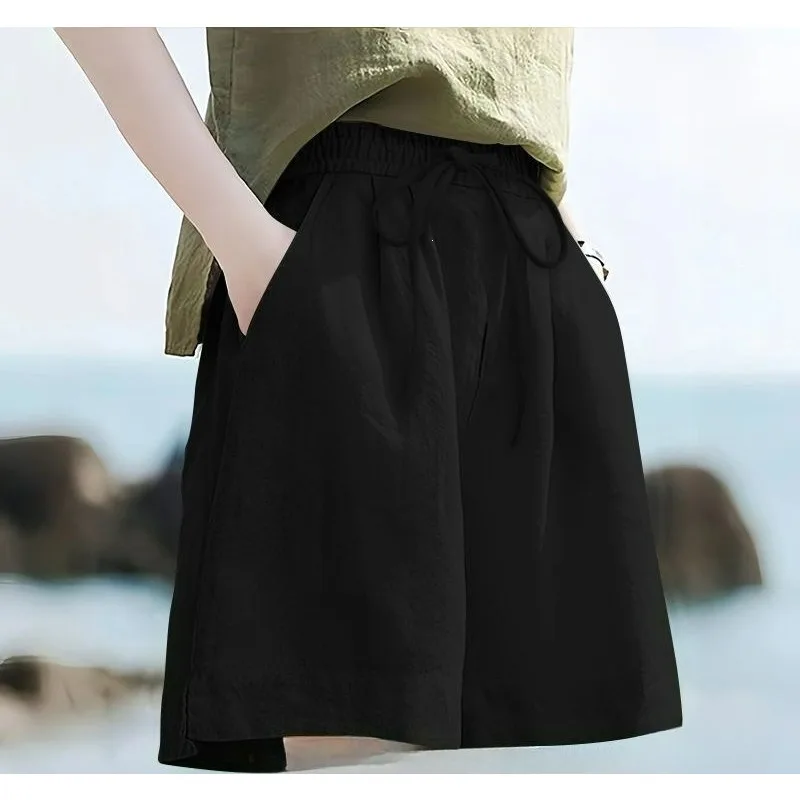 Slimming Wide-leg Shorts Women Large-sized Casual Loose Straight-leg Capsized Pants Slimming Drawstring Ice Silk Pants Trendy