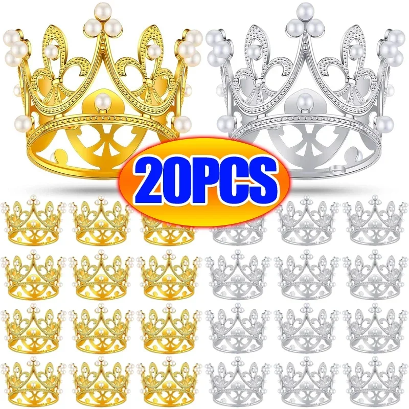 20/1Pcs Mini Crown Cake Decoration Pearl Tiara Gold Silver Crowns Cake Topper for Children Hair Ornaments Wedding Birthday Party