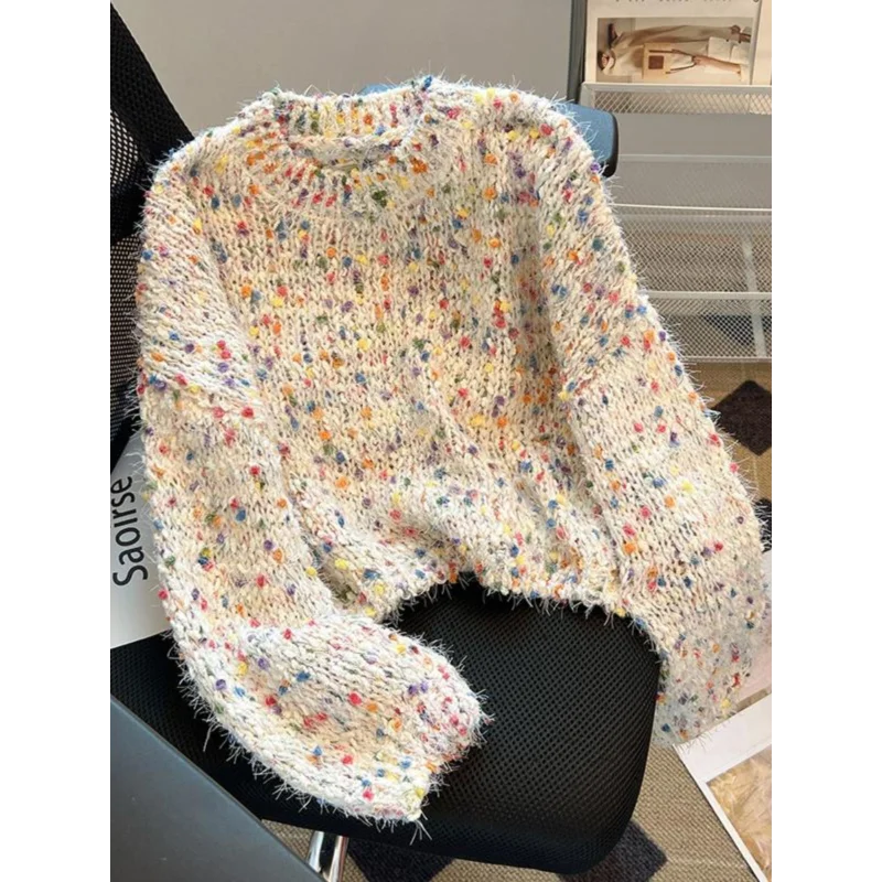 

Soft and Waxy Colorful Dot Short Sweater for Women Winter Chic Knitted Design Rainbow Candy Top