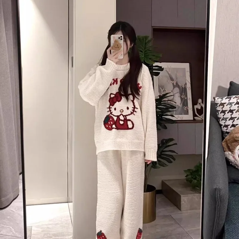 Sanrio Hello Kitty Warm Sleepwear Women\'s Autumn and Winter Knitted Long Sleeved Top+long Pants Home Suit Set Kawaii Clothes