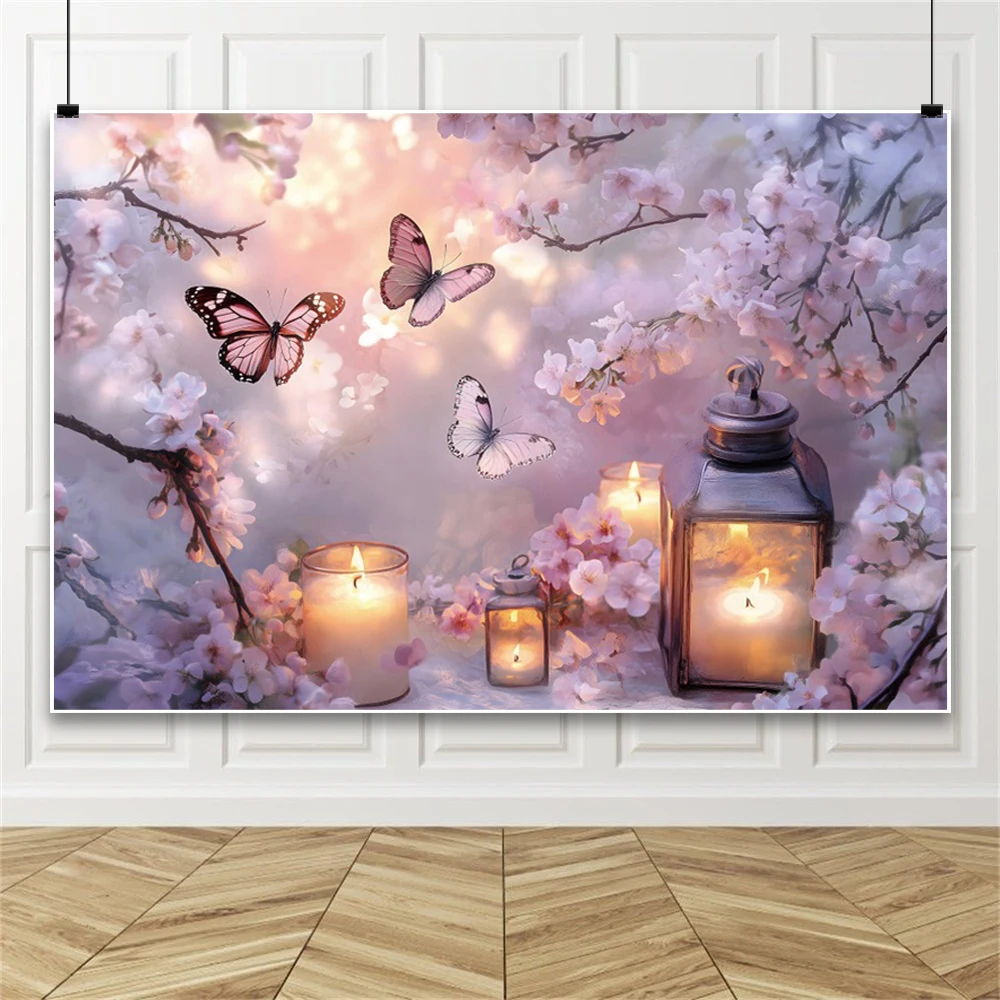 Butterfly Theme Photography Background Butterfly Candle Branch Flower Light Gradient Color Dreamlike Backdrop Photo Studio