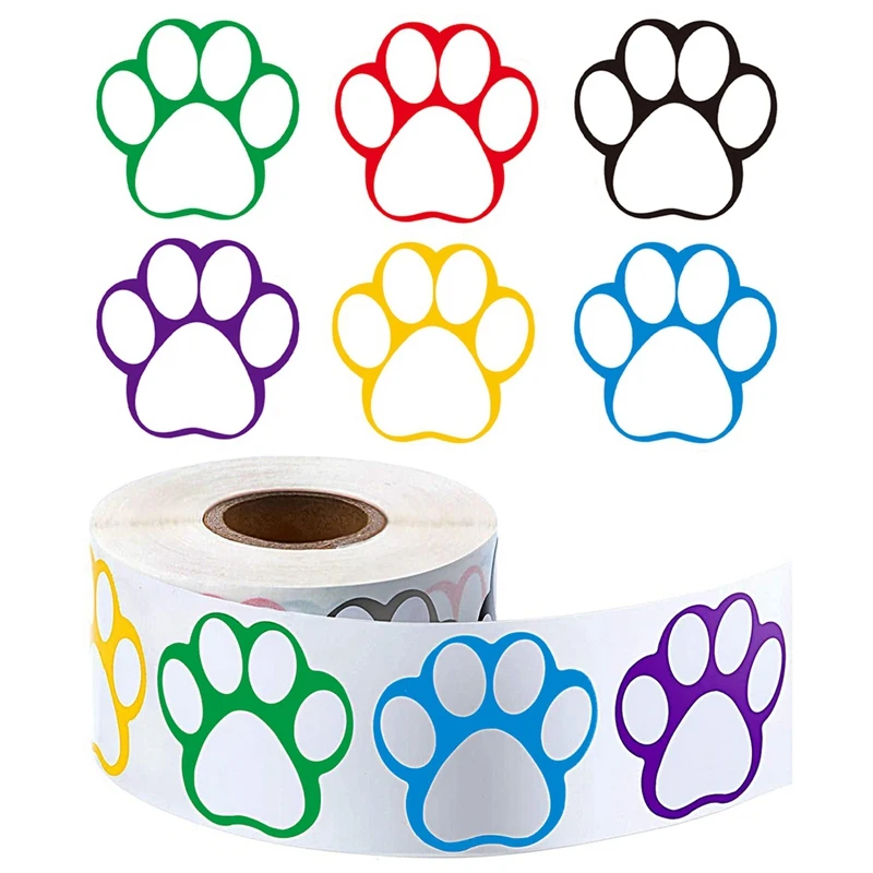 A Roll Of 500 Pieces Dog Paw Name Tags Labels Stickers Paw Footprint Stickers 1Inch (Mixed Color)