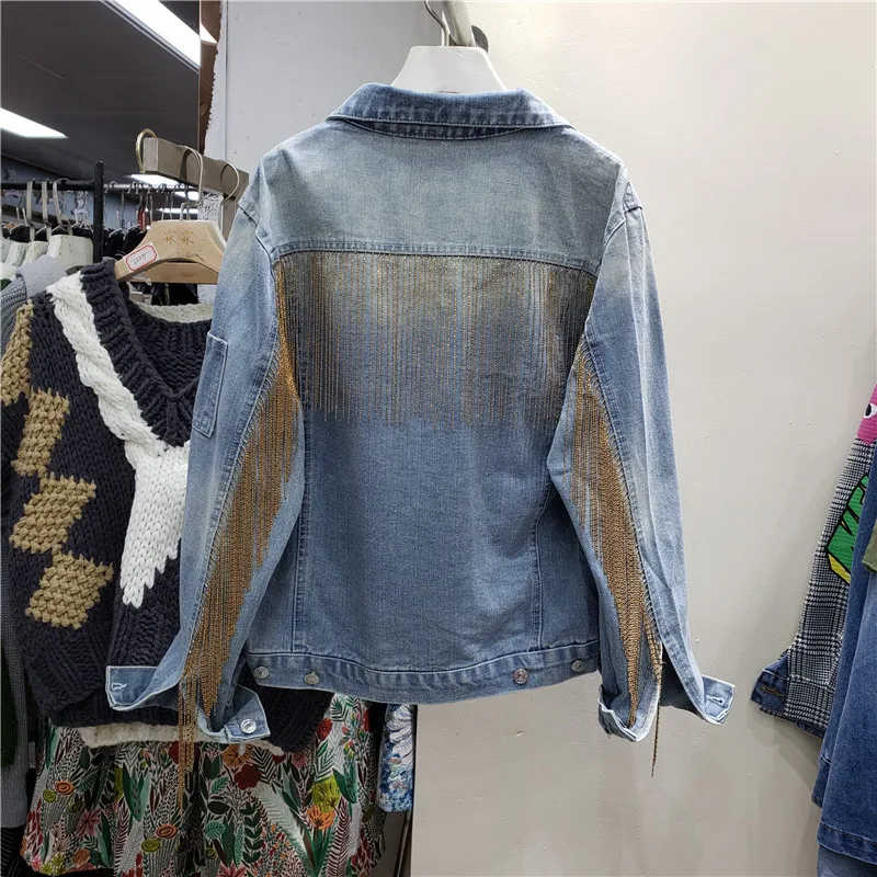 

Vintage Blue Heavy Work Chain Tassel Denim Jacket Women Loose Short Cowboy Outerwear Big Pocket Long Sleeve Jeans Jacket Female